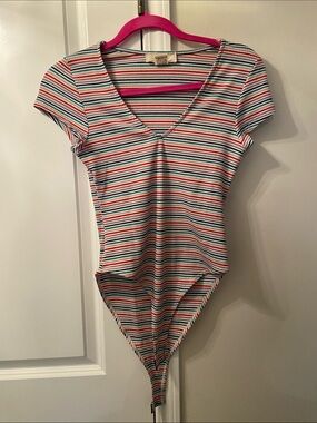 No Comment size small onesie/leotard top rainbow 80s v-neck retro dance/party